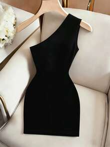 Franclia Fashion Slim Sexy Asymmetric Neck Textured Patchwork Short Dress For Women - Black - View 2