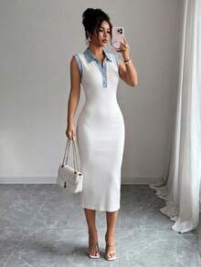 SHEIN Clasi Women White Ribbed Knit Bodycon Midi Dress, Denim Effect Print Contrast Polo Collar Sleeveless Design, Elegant Casual Summer Outfit For Date Night Party Commute Vacation Wear - Multicolor - View 3