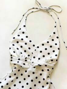 SHEIN Elegant Romantic Retro Floral Pattern Rhinestone Decor A-Line Halter Neck Top For Women - Apricot - View 3