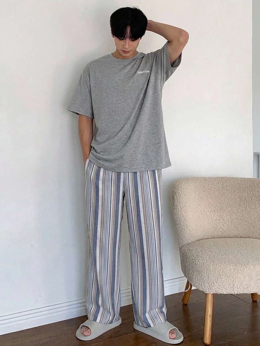 DAZY Grey Top Paired With Long Striped Men's Loungewear Set - Multicolor - View 1
