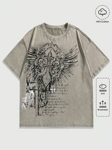 ROMWE MEN Goth Men's Crew Neck Slogan Print Casual Daily Summer T-Shirt - Light Grey - View 1
