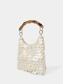 SHECARRY LADIES FASHION BEIGE HANDBAG, VINTAGE BAMBOO HANDBAG, SHELL PIECE DECORATION, FOR SUMMER VACATION, TRAVEL, SEASIDE, BEACH, BOHEMIAN, PARTY - Beige - View 3