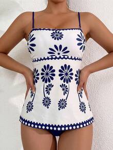 SHEIN Swim Women's White And Blue Floral Bikini 2Pcs Set,80s Summer Bustier Crop Top,Solid Triangle Swimsuit,Elegant Holiday Pool Party Swimwear,Holiday Beach - Multicolor - View 4