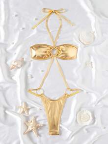 Swim SXY 女士性感镂空连体泳衣，优雅度假风简约派对装，金属面料，适合春假和圣诞节穿着。 - 金色 - 查看 3