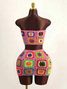 2pcs/Set Spring Summer Crochet Granny Square Pattern Design Bandeau Backless Mini Skirt Beach Vacation Women's Cover-Up Set - Pink - View 2