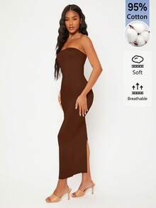 SHEIN BASICS 女款純色抹胸修身優雅洋裝 - 巧克力棕 - 查看 5