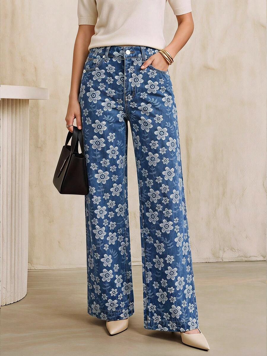 SHEIN Essnce Women's Fashion Street Jacquard Button Pocket Denim Jeans - Blue - View 1