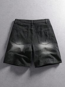 ROMWE MEN Street Life 男士休閒日常牛仔短褲，附口袋、鈕扣與花卉龍圖案 - 黑色 - 查看 2