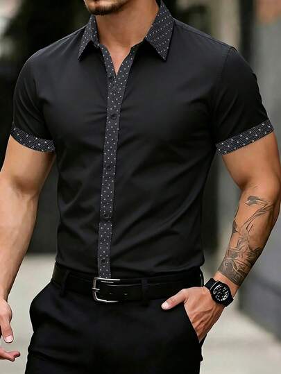 Manfinity Mode Camisa casual de manga corta con patchwork para hombre, ceremonia