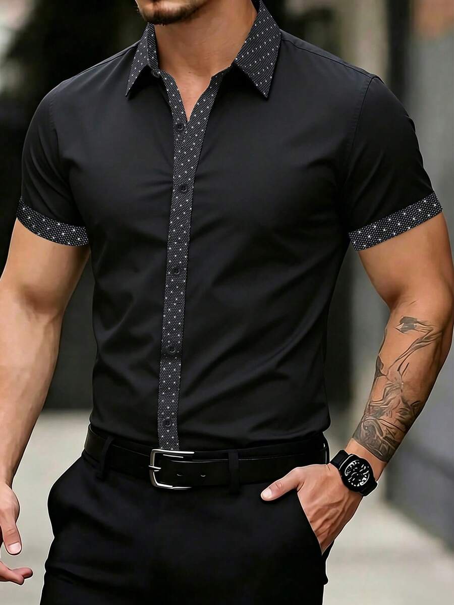 Manfinity Mode Men's Casual Patchwork Short Sleeve Shirt, Ceremony - Black - View 1