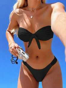 Swim Mod Women's Casual Vacation Beach Party Elegant Sexy Solid Color Special Fabric Bow Tube Top Two Pieces Thong Bikini Beachwear Valentine's Day Black - Black - View 6