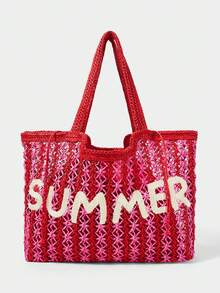 SHECARRY Women's Fashionable Spring And Summer Nautical Style Two-Color Striped Letter Design Shoulder Bag, For Beach, Vacation, Seaside - Rose Red - View 5