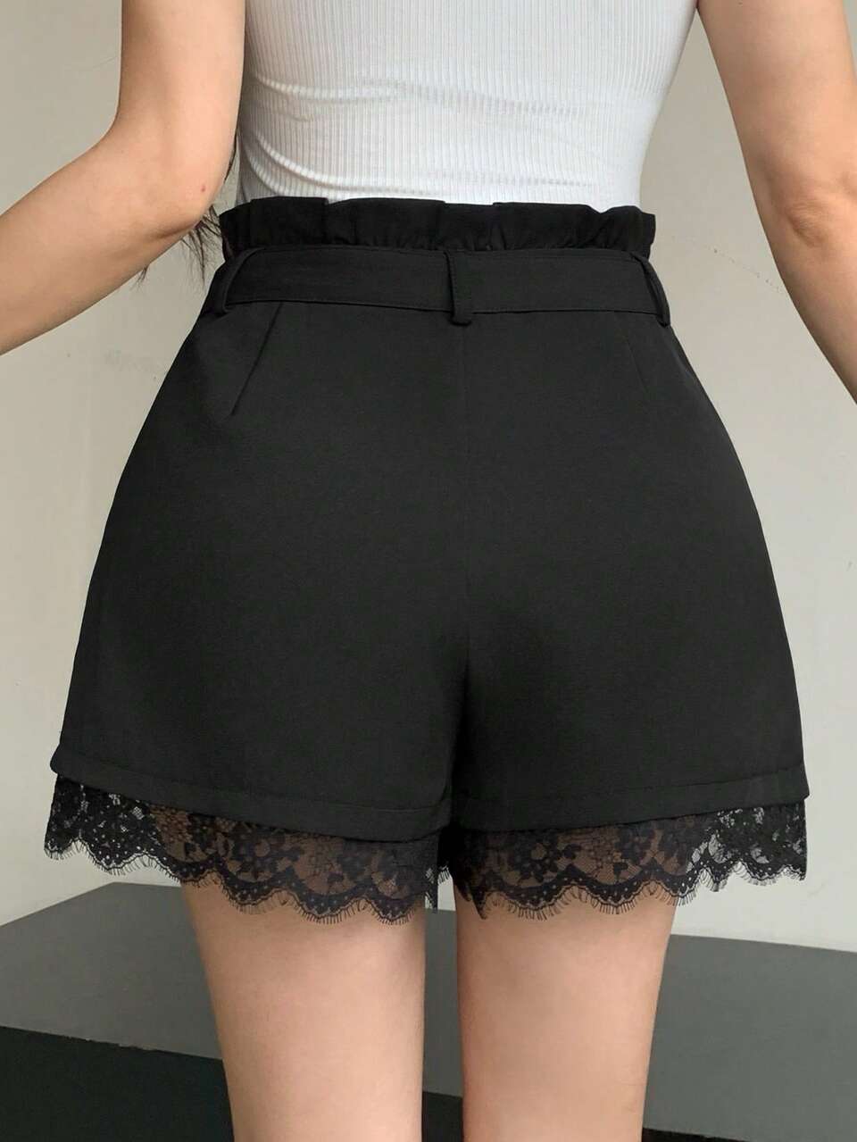 Women's Summer Black High Waist Peplum Contrast Lace Loose Casual Sexy Elegant Shorts Brunch Night