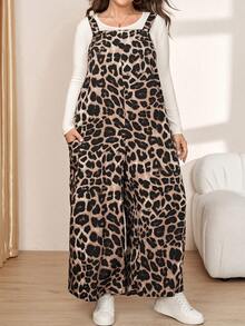 Comfylo Plus Size Leopard Print Wide Leg Jumpsuit - Brown - View 3