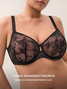 LUVLETTE Plus Soft Lingerie Lounge Curve Sheer Full Coverage Support&Breathable Underwire Keyhole Sexy Unlined Minimizer Black Allover Lace Elegance Bra Bridal - Black - View 4