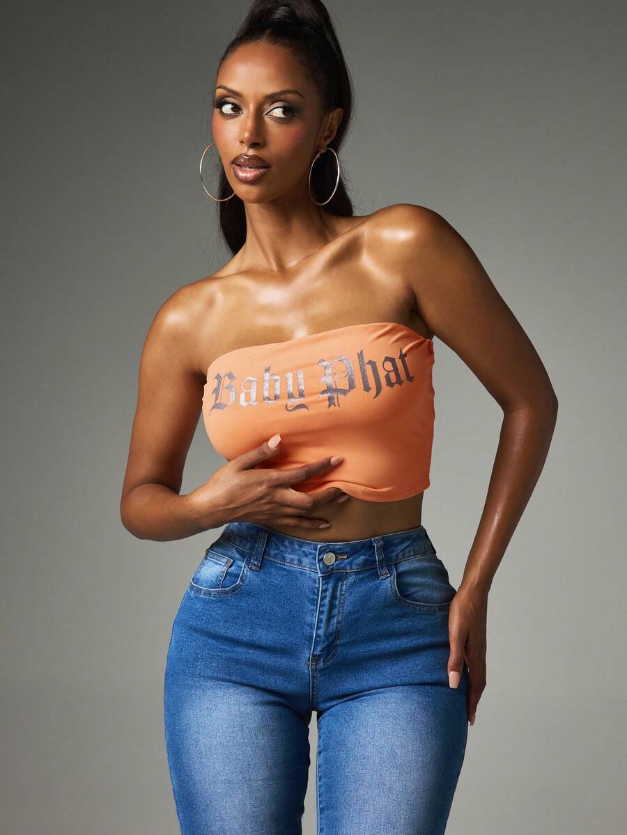 BABYPHAT Top corto tipo bandeau con estampado de logo con brillo, estilo tubo sin tirantes para festivales de verano - Naranja Coral - Ver 1