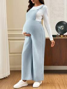SHEIN Maternity Striped Pocket Design Casual Overalls Fall - Blue - View 4