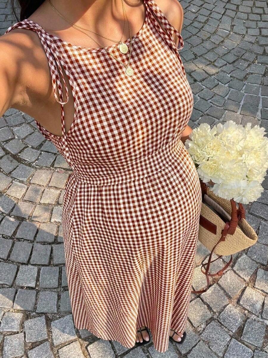 SHEIN 孕婦格紋肩結休閒無袖洋裝 - 彩色 - 查看 1