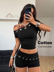 Coolane 女款夏季演唱會穿搭 Y2K 街頭風嘻哈 90年代派對夜店外出穿搭 金屬孔眼低腰緊身短褲 萬聖節黑色 - 黑色 - 查看 4