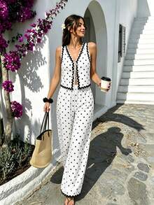 Cévolie Women's Lace Contrast White And Black Polka Dot Casual European Italian Tropical Sexy Boho Sleeveless Tank Top Wide-Leg Pants Beach Summer - Black and White - View 5
