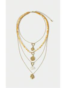 Noxbound Bohemian Beige Beaded Multi-Layer Chain Necklace, Niche Design Compass Shell Pendant Versatile Neck Chain - shell - View 2