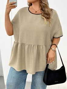 SHEIN CURVE+ Kemeja Kasual Musim Panas Ukuran Besar dengan Trim Kontras - Aprikot - View 6