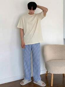 DAZY 男士夏季字母印花T恤與格紋長褲睡衣套裝 - 彩色 - 查看 4