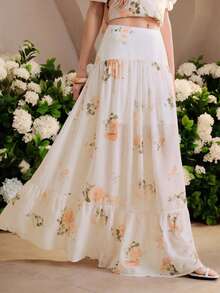SHEIN Zanirela Women's Set Crop Top High Waist Tiered Maxi Skirt Chiffon Ruffle Short Sleeve Romantic Resort Off White Pink Rose Floral 2 Pieces Sets For Women Holida - Beige - View 5