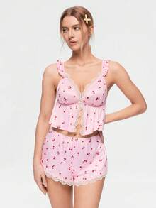Bonmuse 2pcs/Set Women's Pink Cherry Print Lace Patchwork Pajama Top And Pants Loungewear Set - Pink - View 4