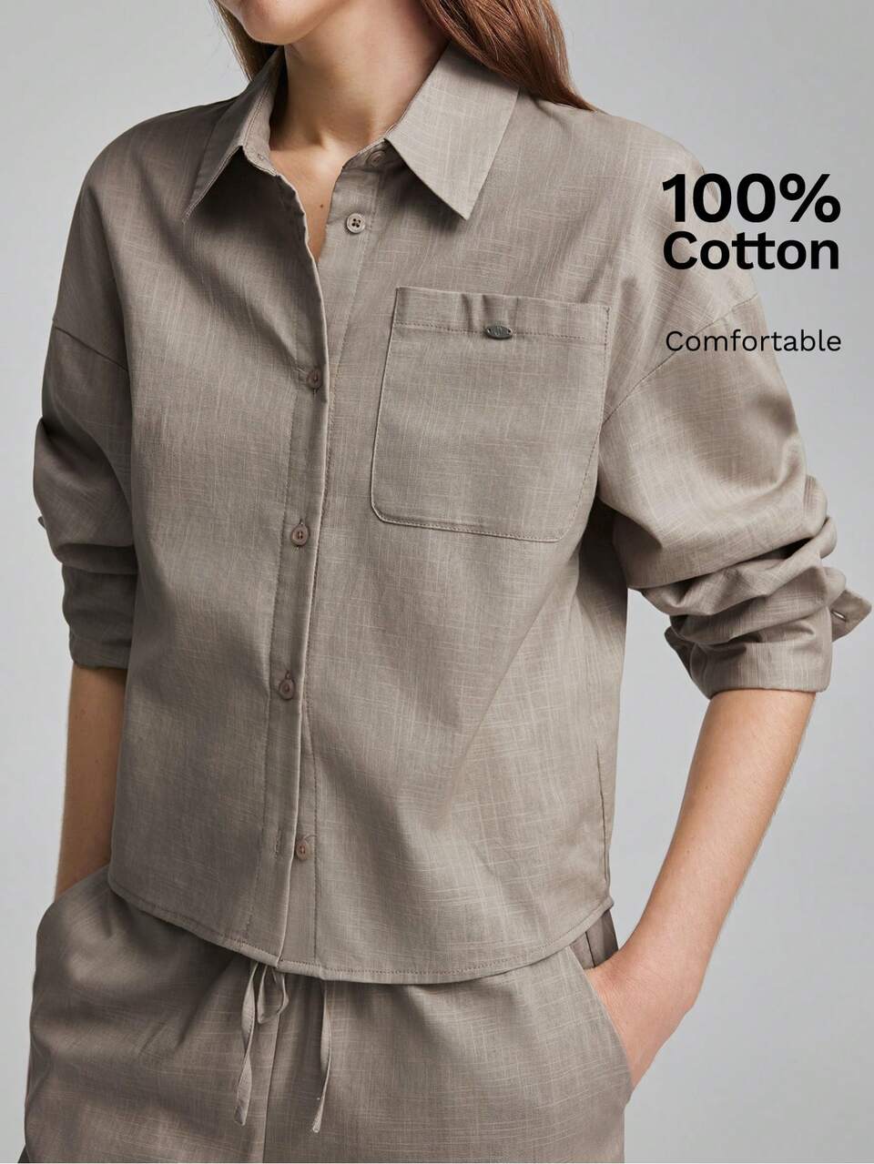 Women's Gray Low-Saturation Comfortable Traceable Fabric Fitted Boxy Silhouette Shirt Turndown Collar Dropped Shoulders Long Sleeves Casual Office