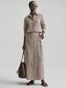 Ontre 2026 Women's 2-Piece Set Brown Stripe Autumn Effortless Chic Casual Elegant Holiday Vacation Long Sleeve Shirt Asymmetric Wrap Skirt Loose Fit Button - Coffee Brown - View 7