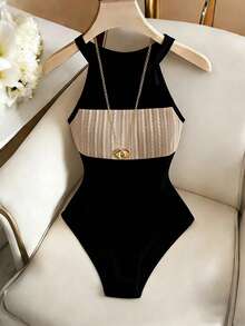 SHEIN Franclia Women's Colorblock Casual Versatile Daily Wear Bodysuit - Black - View 3
