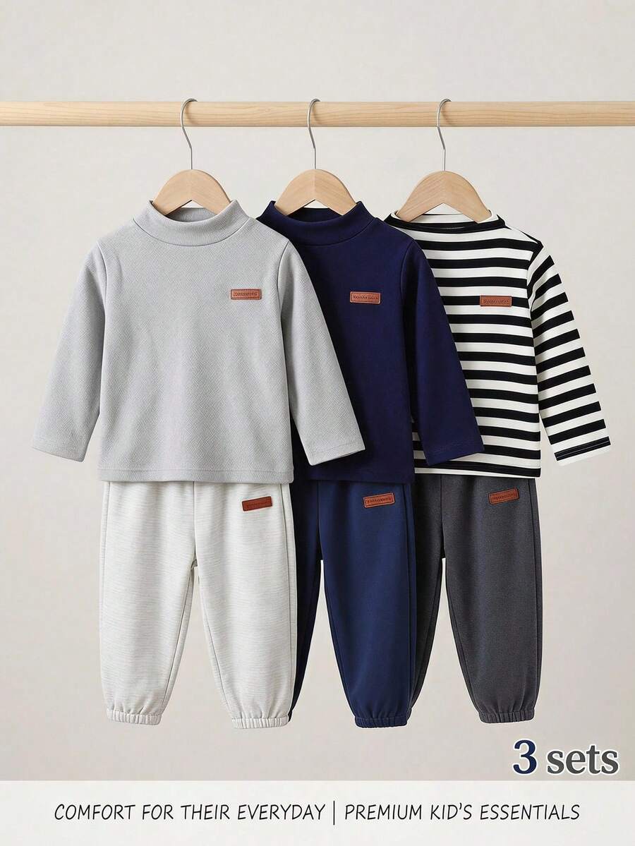 3 Sets Baby Boy Clothes Chic Striped Solid Long Sleeve Soft Squishy 2 Pieces Sets Outfits Tops Sweat Pants Shirts Bottoms Vacation Spring Fall - Multicolor - View 1