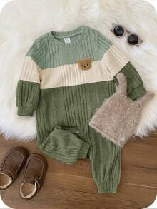 SHEIN Baby Boy 3D Bear Pattern Color Block Casual Daily Long Sleeve Winter Jumpsuit - Multicolor - View 3