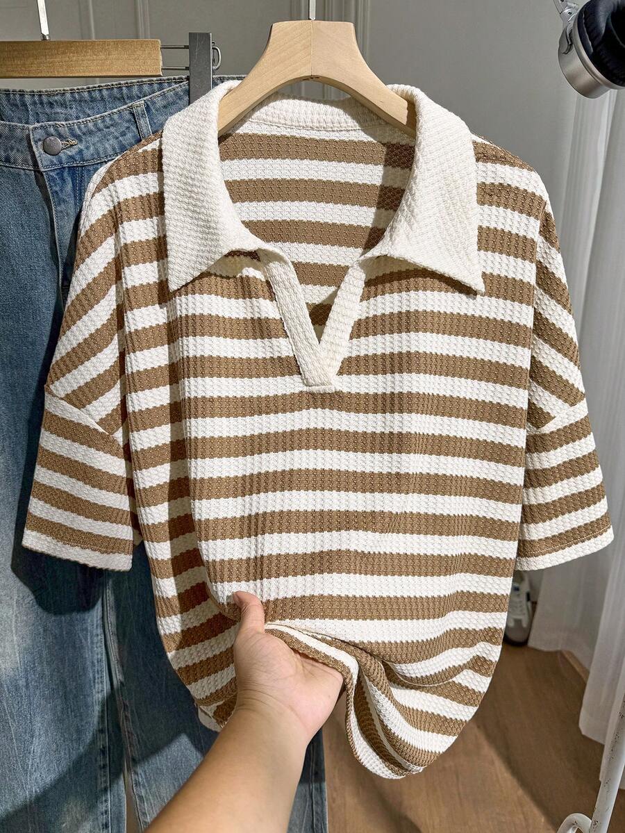 Comfortcana White Pattern Polo Collar Plus Size Short Sleeve T-Shirt Suitable For Summer Wear Back-To-School 90s Teacher Graduation Bussines Casual 1920s - Brown - View 1