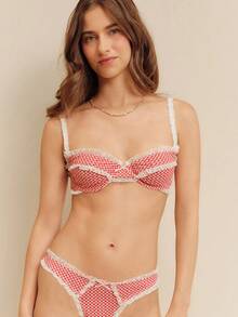 lacRébo Romantic Red Gingham Lingerie Set With Contrasting Lace Trim, Balconette Bra And Matching Thong - Red - View 1