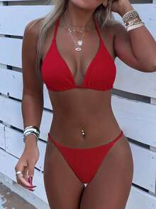 Bonvoyette 2026 Spring/Summer Women's Vacation Special Fabric Spaghetti Strap Halter Neck Red Sexy Thong Bikini Two Pieces Swimwear - Red - View 2