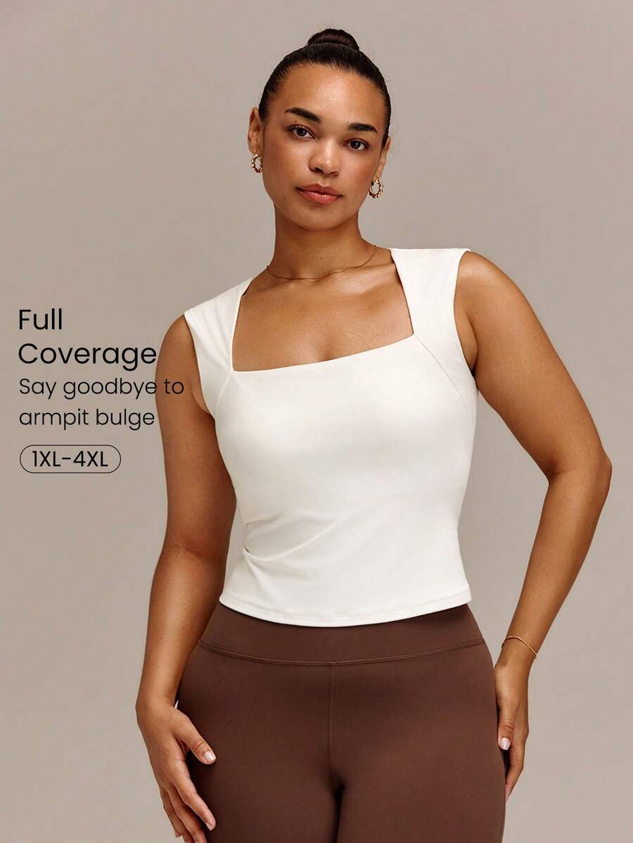 GLOWMODE FeatherFit™ Plus Size Let Your Glow Show Square Neck Waist Length Tank With Removable Cups Low Impact Yoga Pilates Studio Daily Active - White - View 1