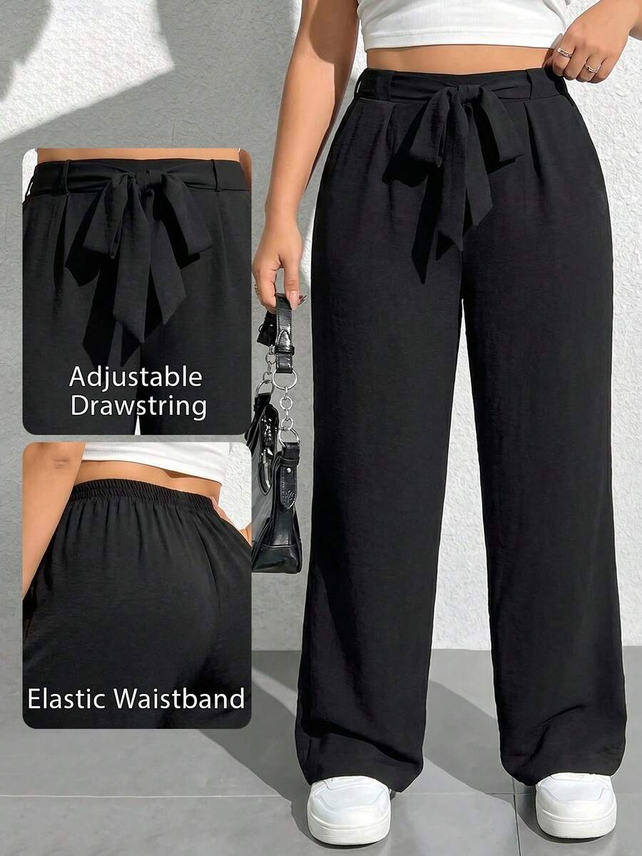 SHEIN PETITE CURVE 大码女式黑色休闲裤，腰部系带
