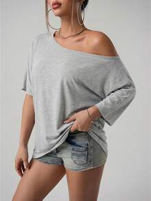 SHEIN ICON 美式街頭休閒風不對稱領寬鬆版型純黑色T恤 - 灰色 - 查看 3