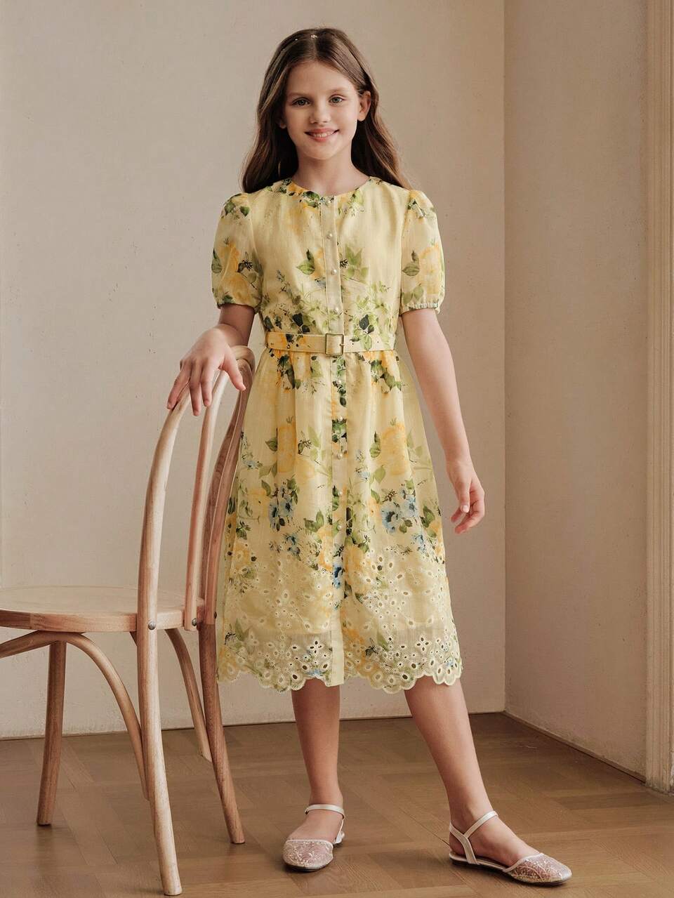 Summer Girls' Embroidered Print Petal Sleeve A-Line Waist Belt Dress For Middle And Older Children