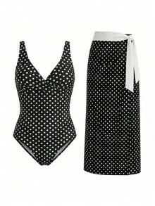 Swim Oasis 2026 Spring Summer Black And White Polka Dot Printed Patchwork One-Piece Set Casual Vintage Elegant Vacation Beach Seaside Outfit For Women - Multicolor - View 5