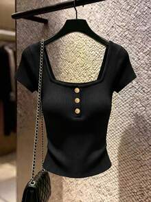 GlowEve Ribbed Square Neck Metal Buckle Commuter Style Elegant Slim Fit Short Sleeve Women's Sweater Brunch Black Autumn - Black - View 6