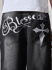 ROMWE MEN Jeans de corte holgado con patrón bordado para hombre - Negro - Ver 2