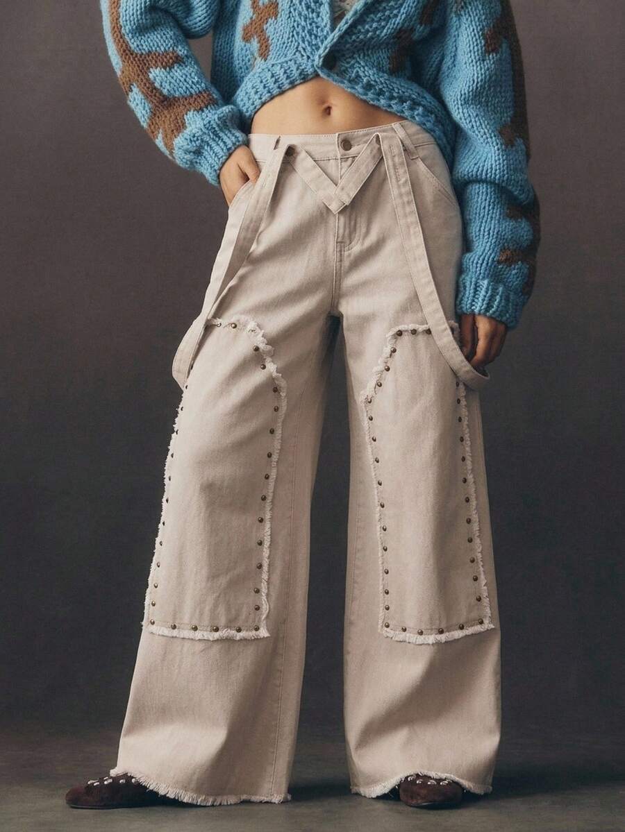 Bohemela BOHO Sexy Countryside Vacation Casual Solid Color Washed Rivet Decor Woven Loose Straight Leg Jumpsuit For Women Golf Pastal Summer - Apricot - View 1
