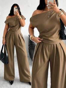 POPSWAY Plus Size Women's Fashion Design Asymmetrical One-Shoulder Top And High-Waisted Wide Leg Pants 2-Piece Set, Elegant Suit Style, Sophisticated Elegant, Summer Cool Chic Outfit - Khaki - View 1