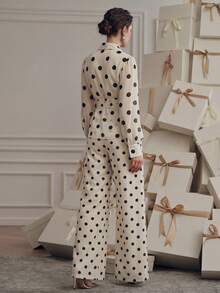 Anewsta Women's 2 Pieces Set Polka Dot Shirt Wide-Leg Pants Elegant Versatile Fashion Design Brunch Black And White Polka Dot Autumn Tea Party - Black and White - View 2