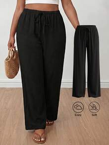 SHEIN PETITE CURVE CURVE 大尺碼女款小個子寬腿褲，黑色 Sommar 簡約休閒傳統日常高腰繫帶附口袋，適合秋季度假 - 黑色 - 查看 1