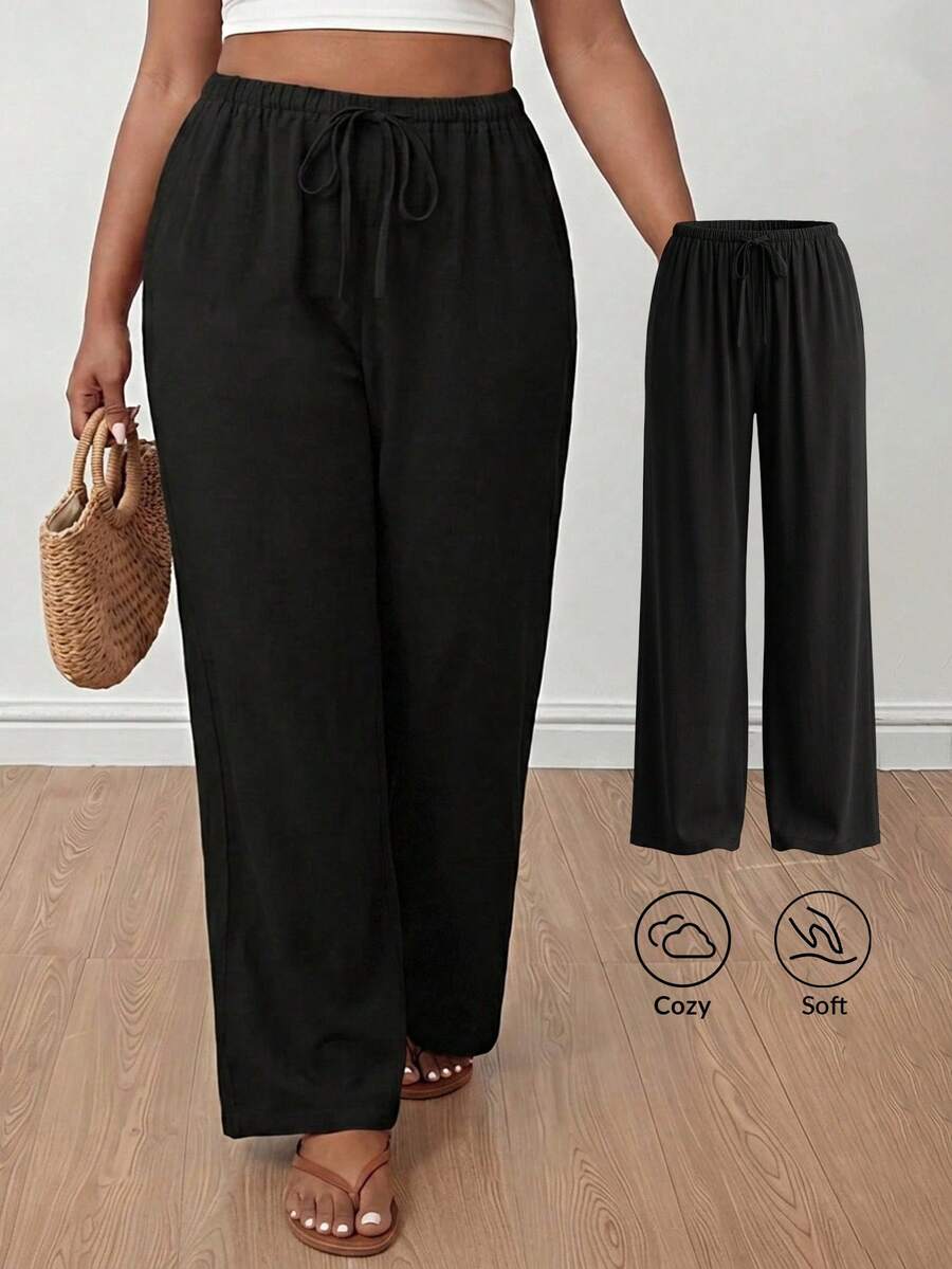 SHEIN PETITE CURVE CURVE 大尺碼女款小個子寬腿褲,黑色 Sommar 簡約休閒傳統日常高腰繫帶附口袋,適合秋季度假 - 黑色 - 查看 1