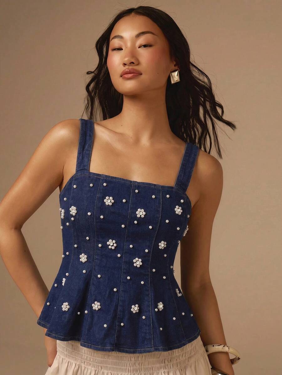 COSMINA Denim 女款優雅珍珠裝飾無袖牛仔襯衫,海軍藍夏季上衣,精緻珠飾工藝,街頭風生日襯衫 - 藏蓝色 - 查看 1